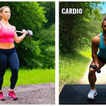 **

A split image showcasing the benefits of both cardio and weight training. On one side, a person running a scenic trail with lush greenery. On the other side, a person performing a compound weightlifting exercise like squats with dumbbells. Text overlay: "Balance: Cardio for Fat Loss & Heart Health, Weight Training for Muscle & Metabolism." The style should be vibrant and motivational.

**