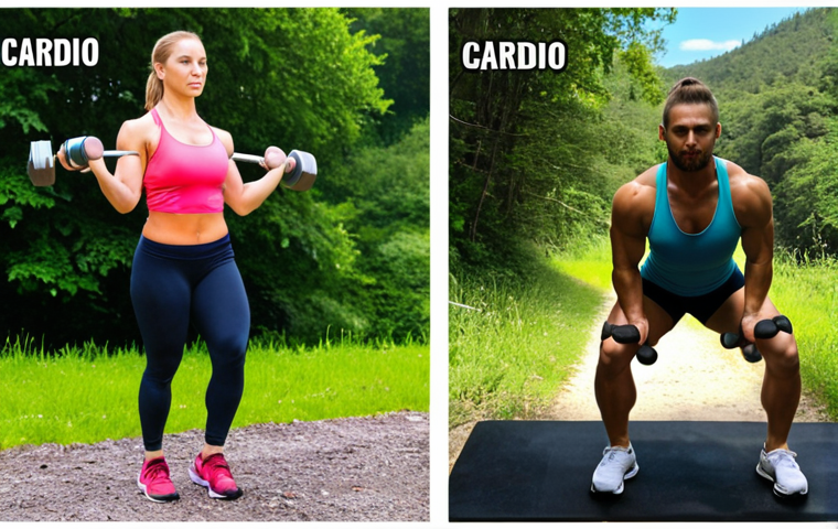 **

A split image showcasing the benefits of both cardio and weight training. On one side, a person running a scenic trail with lush greenery. On the other side, a person performing a compound weightlifting exercise like squats with dumbbells. Text overlay: "Balance: Cardio for Fat Loss & Heart Health, Weight Training for Muscle & Metabolism." The style should be vibrant and motivational.

**