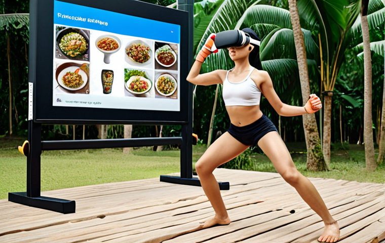 **

Prompt:  "Dynamic person doing Functional Training outdoors in Thailand, incorporating traditional Thai movements (like Muay Thai stances), using VR headset, modern fitness equipment, healthy Thai meal nearby, AI data analysis displayed on a screen, serene landscape background.  Emphasize agility, strength, and the blend of traditional & modern techniques."

**